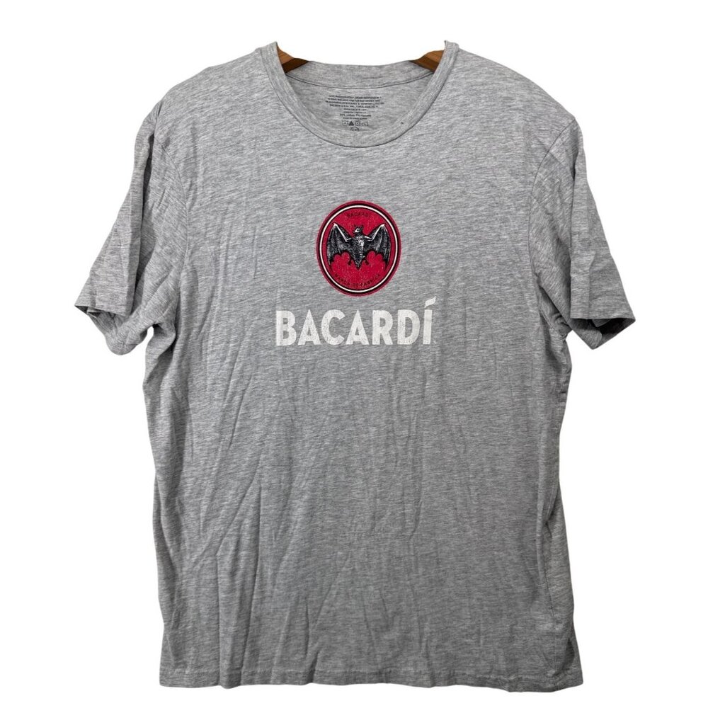 Bacardi Adult TShirt Sz XL Gray Short-Slv Crew Neck Logo Spell-Out Bat Casual